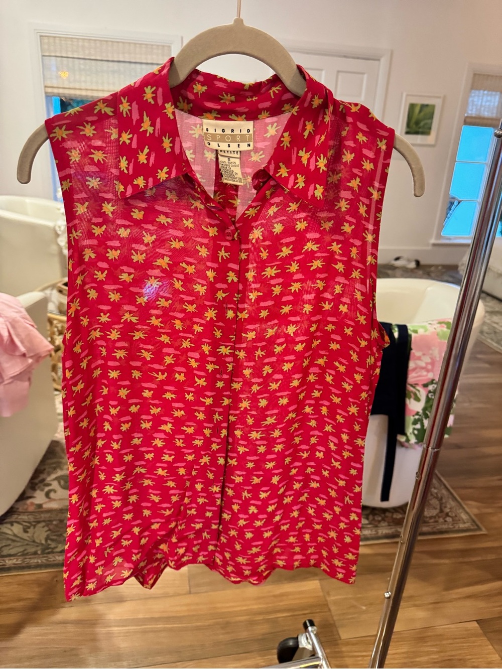 Sporty & Rich Sleeveless Red Floral Button-Front Top and matching maxi skirt